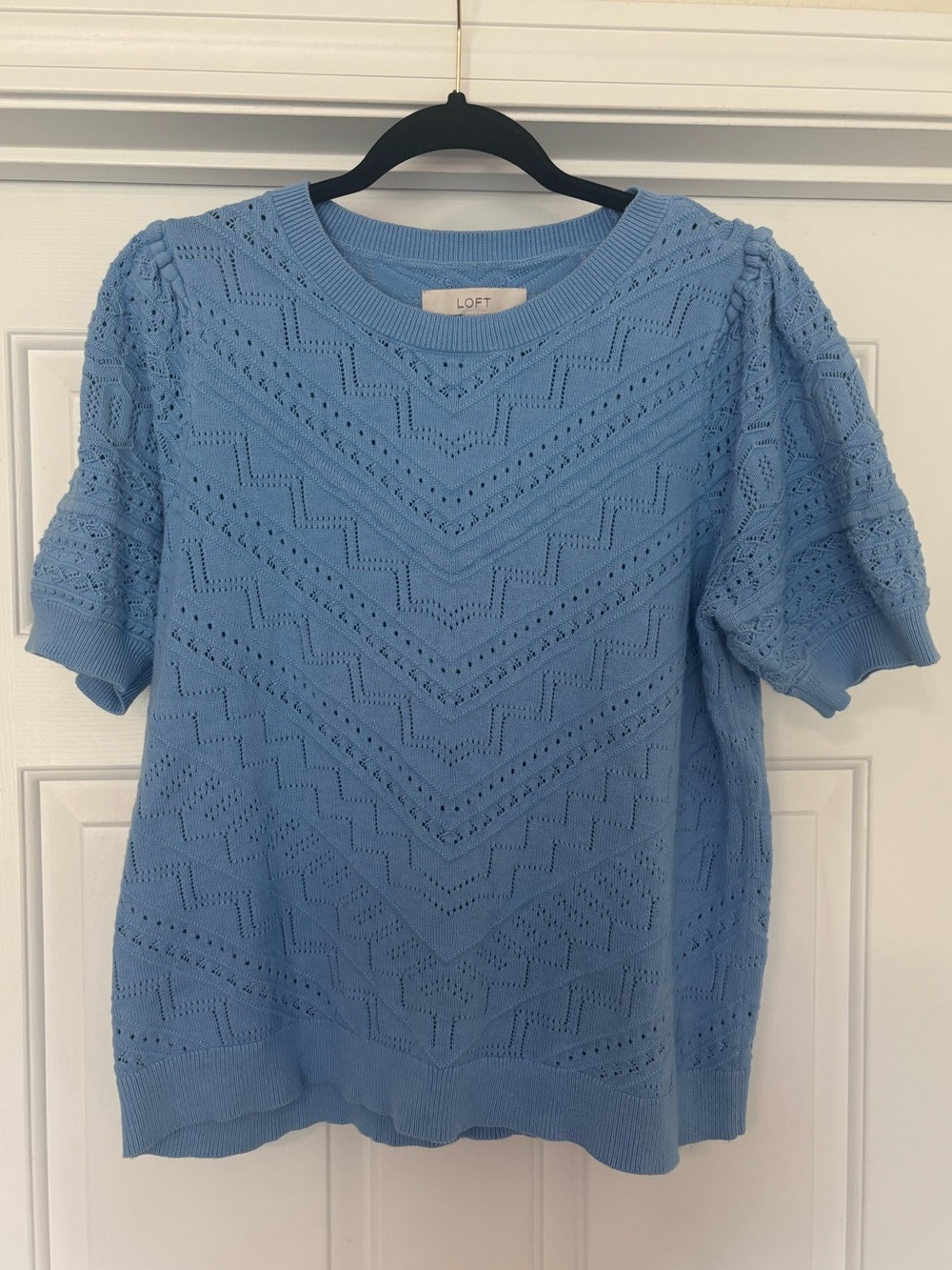 LOFT Light Blue Pointelle Knit Puff Sleeve Sweater Top XL